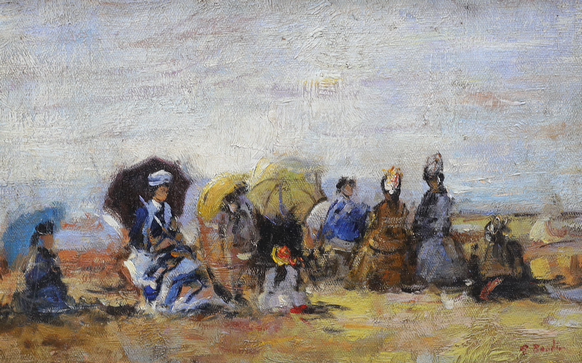 Manner of Eugene Boudin (French, 1824-1898) oil on board, Figures on a beach, 24 x 38cm, housed in a carved wood frame